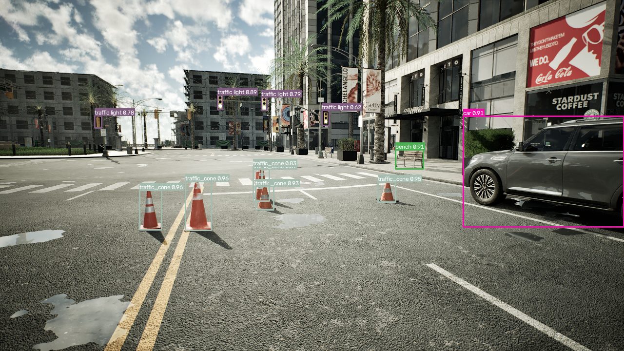 yolox-pylon-l detecting traffic cones in a road scene