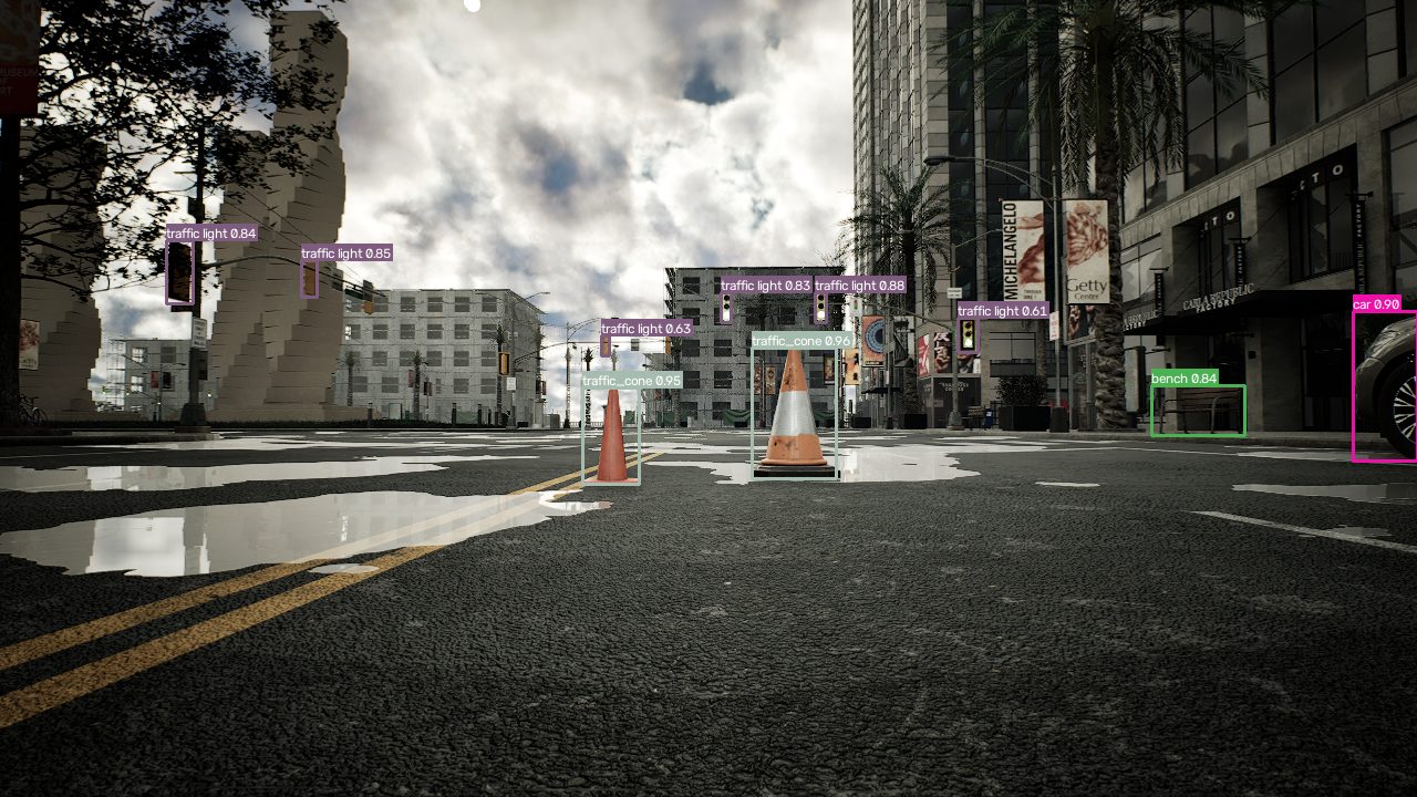 yolox-pylon-m detecting traffic cones in a road scene